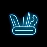 Blue neon sign of a multi tool knife on a black background vector