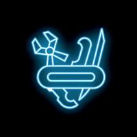 Blue neon sign of a multi tool knife with its different tools unfolded, isolated on a black background vector