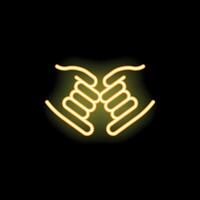 Two hands holding each other making a deal in neon light style vector