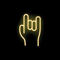Neon yellow hand showing rock and roll sign on black background vector