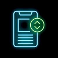 Neon green and blue mobile phone with scrolling arrows icon on black background vector