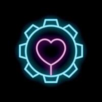 Neon sign is glowing in the dark, showing a gear wheel with a heart shape inside vector