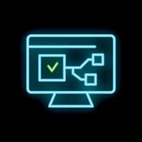 Neon icon of computer showing successful algorithm execution vector
