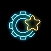Neon glowing star over gear icon representing quality work and customer review vector