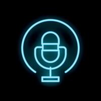 Blue neon microphone icon glowing on black background vector