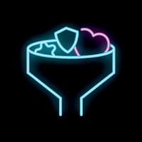 Neon funnel filtering heart, star, and shield icons representing lead conversion vector