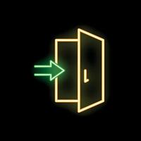 Glowing neon open door with arrow sign on black background vector