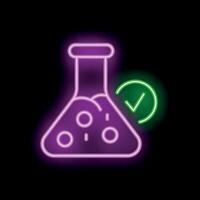Neon icon of erlenmeyer flask containing chemical substance with green checkmark vector