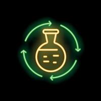 Neon icon of round arrows rotating around chemical flask representing circular economy vector