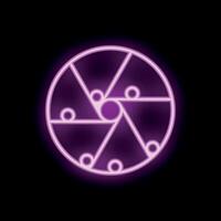 Neon pink camera shutter glowing on black background vector