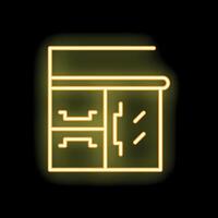 Neon yellow office desk with open drawers glowing on black background vector