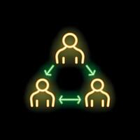 Neon icon of three people sharing information with arrows on black background vector