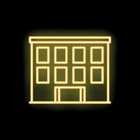 Glowing neon sign depicting an office building on a black background vector