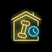 Neon sign representing working out at home with dumbbell and clock vector