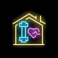 Neon icon of home workout with dumbbell and heartbeat symbol vector