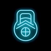 Blue neon sign depicting home security with house shape inside padlock on black background vector