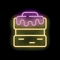 Neon sign representing delicious cake with dripping icing on black background vector