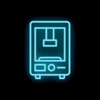 Blue neon icon of a 3d printer printing a prototype on black background vector