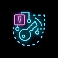 Neon cyber security system showing exclamation point warning sign in key shape padlock vector