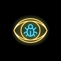 Neon icon of eye watching a computer bug representing cybersecurity threat vector