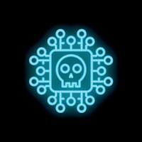 Neon skull glowing inside microchip on black background vector