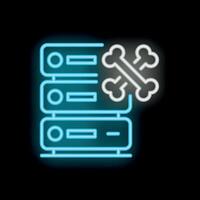 Neon icon of database server experiencing critical failure with bones showing vector