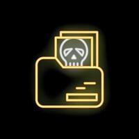 Neon icon of folder containing documents with skull logo representing data loss vector