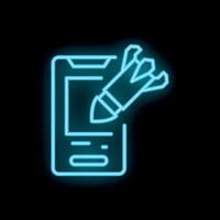 Neon rocket launching from smartphone screen icon on black background vector