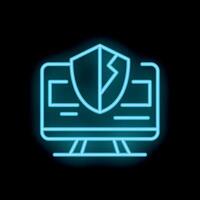 Neon blue broken shield covering computer screen icon vector