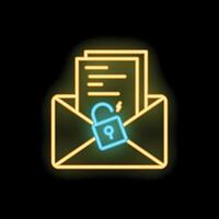 Neon icon of mail envelope with documents and open padlock showing data breach vector