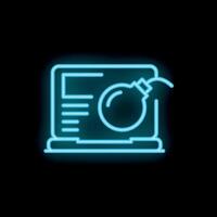 Neon blue bomb exploding from laptop screen on black background vector