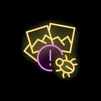 Neon icon of bug infecting image files with exclamation point vector