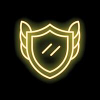 Neon shield with wings glowing on black background vector