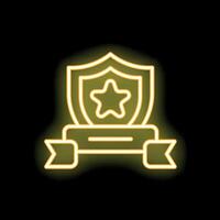Neon yellow shield with star and ribbon glowing on black background vector