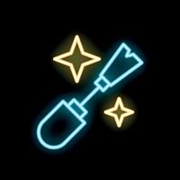 Blue neon sign of mascara wand surrounded by sparkles on black background vector