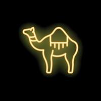 Neon icon of a camel standing with saddle on its back vector