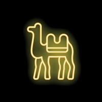 Bright yellow neon sign of a camel with saddle standing on black background vector