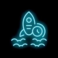 Neon style icon of rocket launching with clock representing fast time to market vector