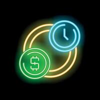 Neon sign representing time is money concept with clock and coin vector