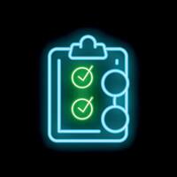 Neon icon of clipboard with checklist and eyeglasses representing eye exam vector