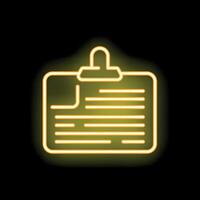 Yellow neon icon of clipboard with paper on black background vector