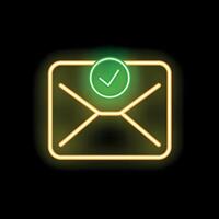 Neon envelope showing validation with green check mark on black background vector