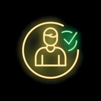 Neon icon of person receiving checkmark symbol in circle frame vector