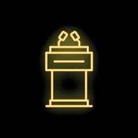 Glowing neon icon of a podium with microphones on black background vector