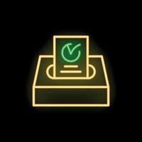 Neon icon of ballot being put into voting box, democracy concept vector