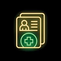 Neon glowing icon of medical record with patient profile and cross symbol vector