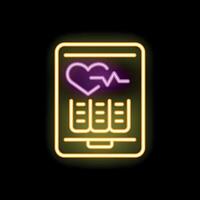 Neon icon of mobile app showing heartbeat and medical report on black background vector
