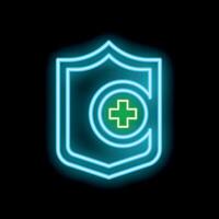 Neon sign showing a shield protecting a cross symbol on a black background vector