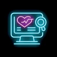 Neon icon of computer displaying heart rate with magnifying glass representing medical research vector