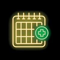 Neon medical appointment calendar with green cross glowing on black background vector